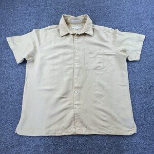 Perry Ellis Linen Blend Shirt Mens L Mustard/Ocher Short Sleeve Button Up Pocket